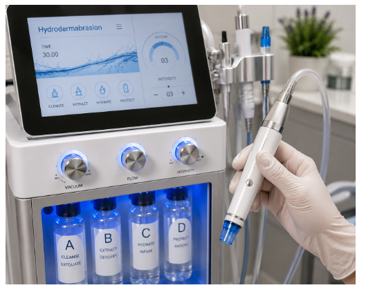 Medical hydrodermabrasion machine showing clinical skincare solution bottles for pore extraction.