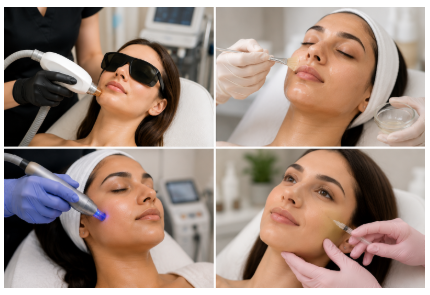 Grid showing complementary treatments like professional chemical peels, laser skin toning, and MNRF.