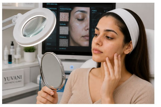Patient undergoing professional skin barrier analysis and texture assessment at a dermatology clinic.