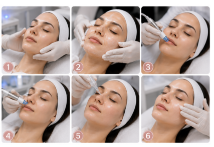 Six-step chart showing hydrodermabrasion procedure steps from deep cleansing to skin protection.