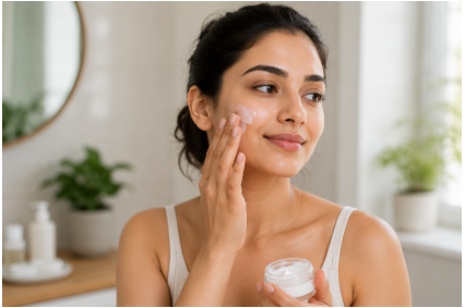 A woman applying protective moisturizer and sunscreen for post-treatment home skin maintenance.
