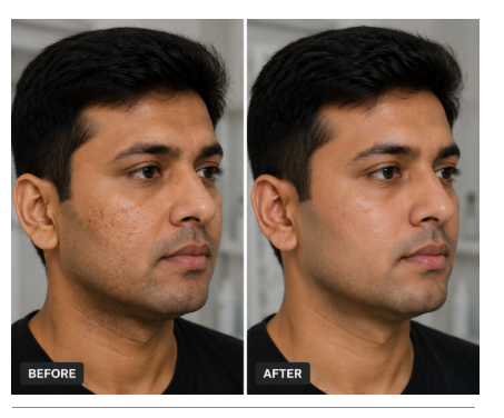 Before and after split comparison showing male patient facial skin improvement after Hydra-Medifacial.