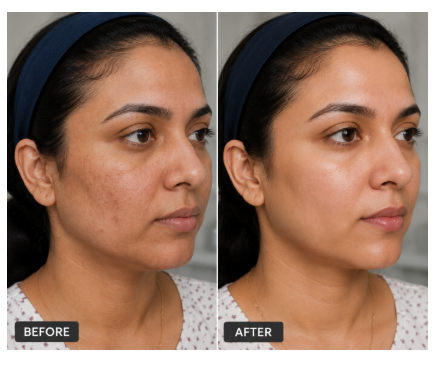 Before and after split comparison showing female patient facial skin improvement after Hydra-Medifacial.