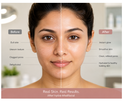 Before and after split comparison showing clean pores and skin radiance after a Hydra-Medifacial.