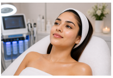 A woman with clear, radiant skin relaxing after a professional Hydra-Medifacial treatment at YUVANI clinic.