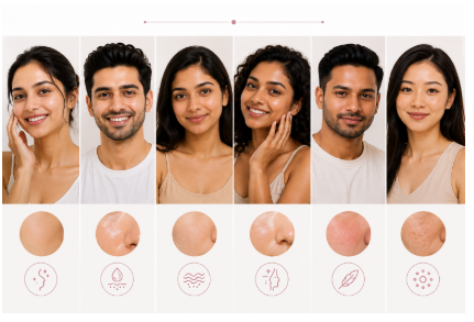 Multi-panel image of diverse individuals with different Indian skin tones suitable for a medifacial.