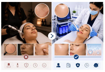 Infographic comparing basic salon facial steps with a medical-grade hydro-cleansing treatment.